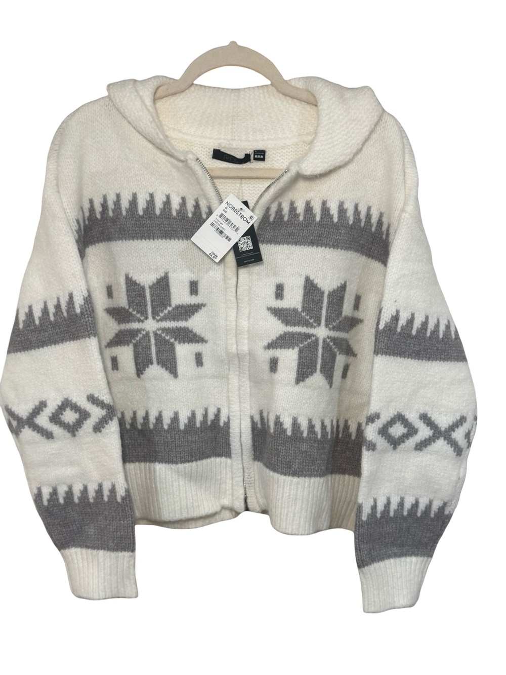⚪️❄️ Nordstrom Ivory and Gray Hooded Zip Cardigan with Nordic Pattern ❄️⚪️